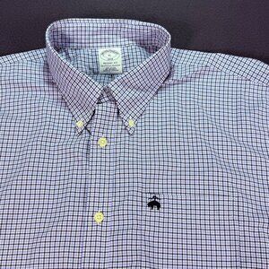 Brooks Brothers Mens XL Blue/Purple Gingham Plaid Seersucker Regent Button Shirt
